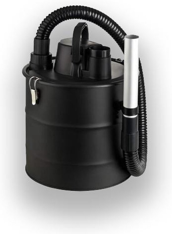 Zwarte metalen aszuiger met zwarte flexibele slang en zilveren accessoire.