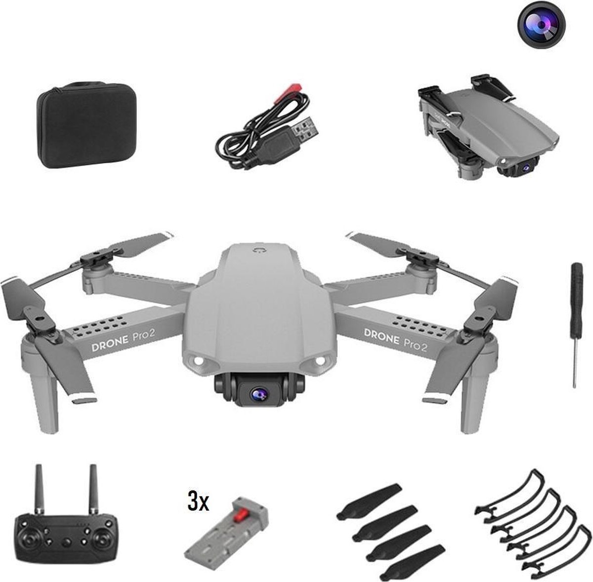 E99 Pro 2 Drone met camera en opbergtas grijs - 3 accu's - Drones