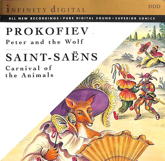 CD hoes met illustratie van dieren met kleding en maskers, en de tekst 'Prokofiev Peter and the Wolf Saint-Saëns Carnival of the Animals'.