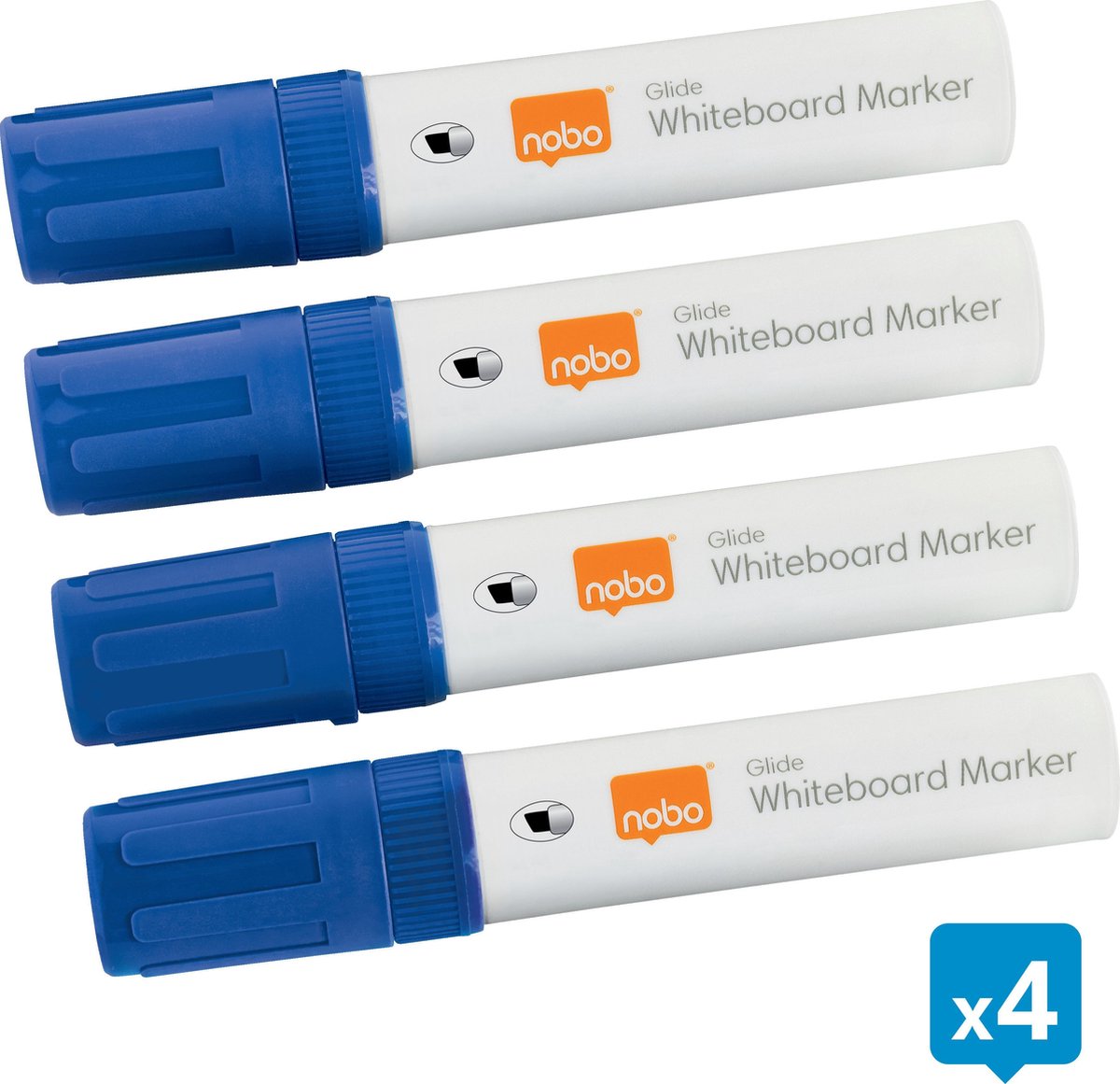 Nobo Glide Whiteboard Markers - Whiteboard Stiften Met Beitelvormige Punt - 4 Stuks - Blauw