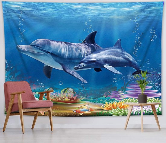 Ulticool - Dolphin Sea Coral Dolphins - Tapisserie - 200x150 cm - Groot tapisserie - Affiche