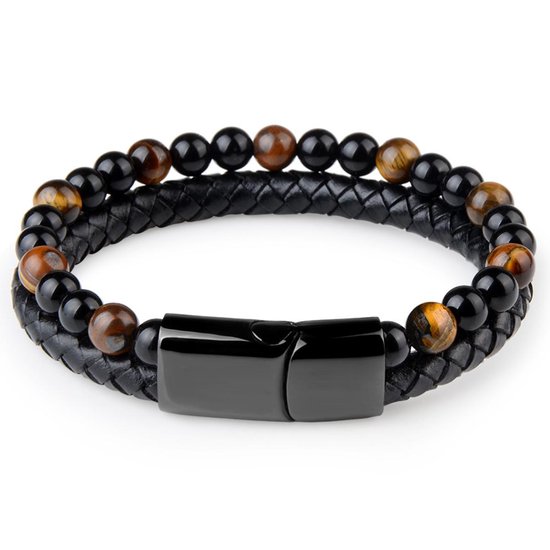 Victorious Leren Natuurstenen Armband Heren - Zwart Leer en Natuurstenen