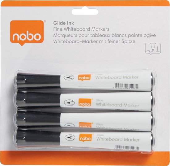 Verpakking van vier Nobo Glide fijne punt whiteboardmarkers in het zwart.