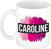 Caroline  naam cadeau mok / beker met roze verfstrepen - Cadeau collega/ moederdag/ verjaardag of als persoonlijke mok werknemers