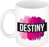 Destiny  naam cadeau mok / beker met roze verfstrepen - Cadeau collega/ moederdag/ verjaardag of als persoonlijke mok werknemers