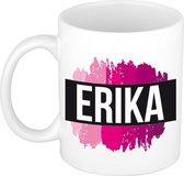 Erika  naam cadeau mok / beker met roze verfstrepen - Cadeau collega/ moederdag/ verjaardag of als persoonlijke mok werknemers