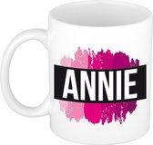 Annie  naam cadeau mok / beker met roze verfstrepen - Cadeau collega/ moederdag/ verjaardag of als persoonlijke mok werknemers