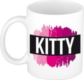 Kitty naam cadeau mok / beker met roze verfstrepen - Cadeau collega/ moederdag/ verjaardag of als persoonlijke mok werknemers