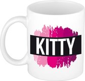 Kitty  naam cadeau mok / beker met roze verfstrepen - Cadeau collega/ moederdag/ verjaardag of als persoonlijke mok werknemers