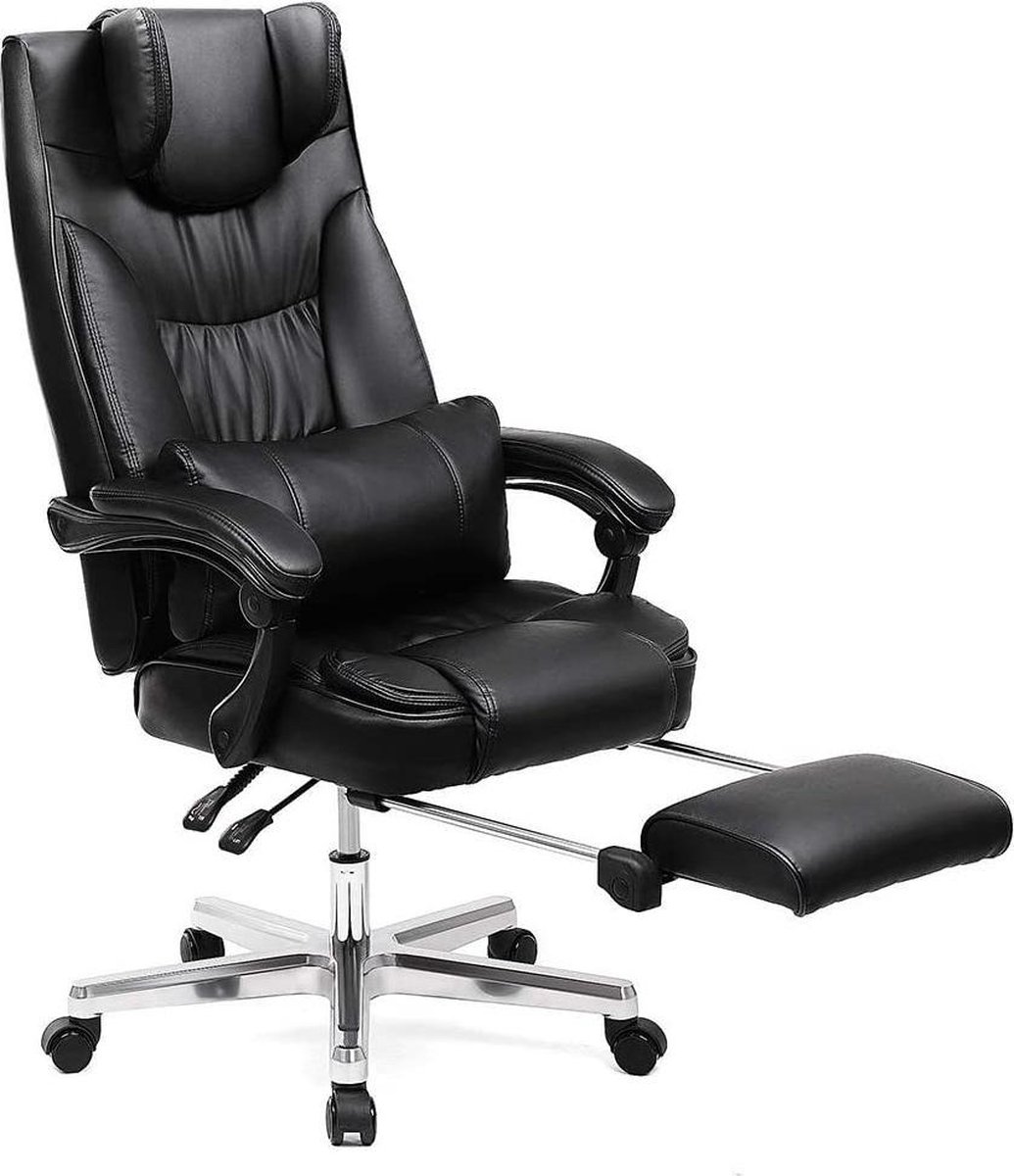 Luxe Bureaustoel -Computerstoel met Inklapbare Hoofdsteun - Uittrekbare Voetensteun - Zwart