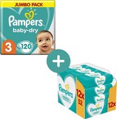 Pampers Baby Dry Luiers Maat 3 - 120 Luiers + Pampers Sensitive Billendoekjes - 12x52 Doekjes