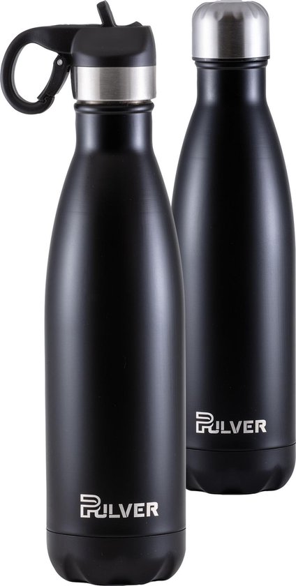 Pulver - Luxe RVS Thermosfles / Drinkfles – BPA Vrij – 500 ml - Waterfles met Rietje – Drinkfles – Dubbele isolatie - Zwart