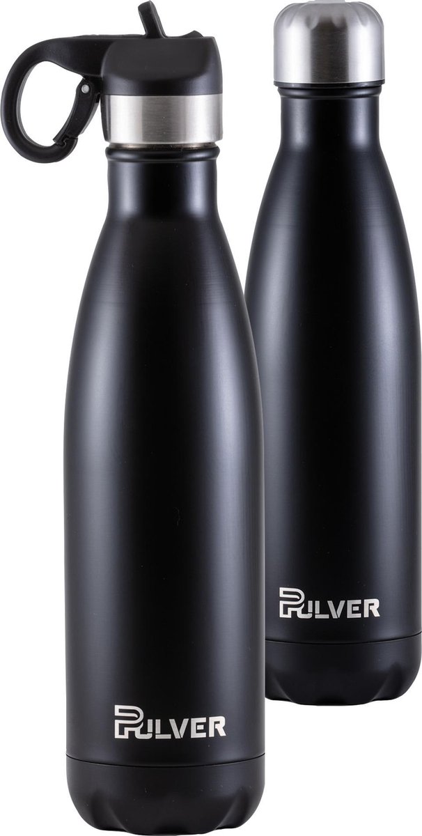 Pulver - Luxe RVS Thermosbeker / Drinkfles – BPA Vrij – 500 ml - Waterfles met Rietje en isolatie – Drinkfles – Dubbele isolatie - Kinderen & volwassenen - Zwart