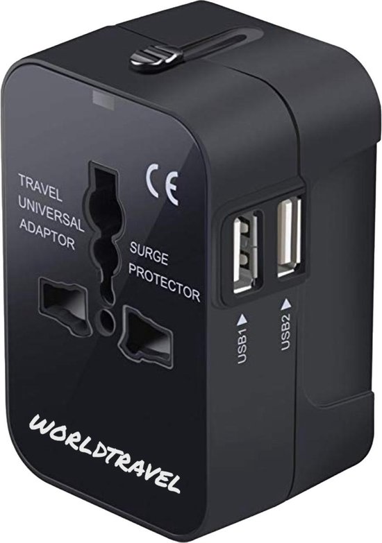 Universele Wereldstekker met 2 USB Poorten - Zwart