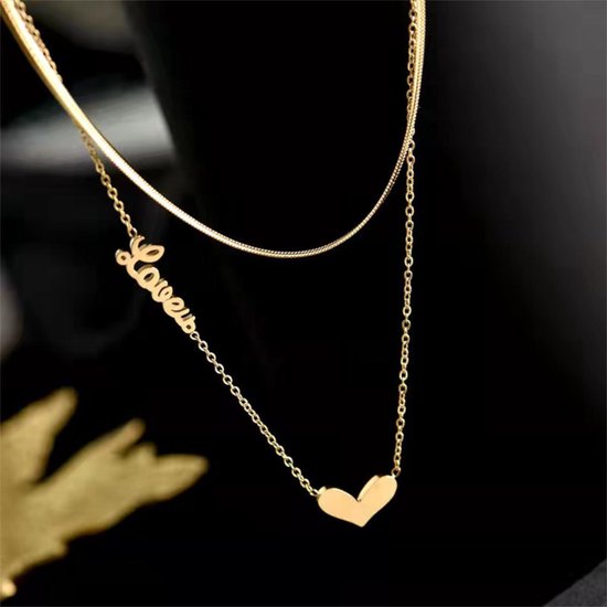 Gading® Ketting dames met hanger - RVS 2 lagen collier met hartje- goudkleurig - 40+6 cm-valentijn cadeautje