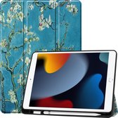Case2go - Tablet hoes geschikt voor Apple iPad 2021 - 10.2 inch - Tri-Fold Book Case - Apple Pencil Houder - Witte Bloesem