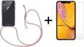 iPhone XR hoesje transparant met rosé koord shock proof case - 1x iPhone XR screenprotector