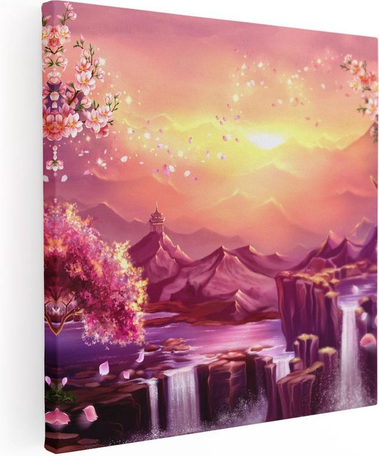 Artaza Canvas Schilderij Illustratie Van Watervallen Met Bloesems - 90x90 - Groot - Foto Op Canvas - Canvas Print