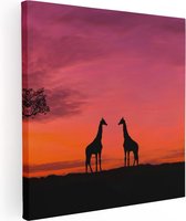 Artaza Toile Peinture Deux Silhouettes de Girafe au Coucher du Soleil - 40x40 - Klein - Tableau sur Toile - Impression sur Toile
