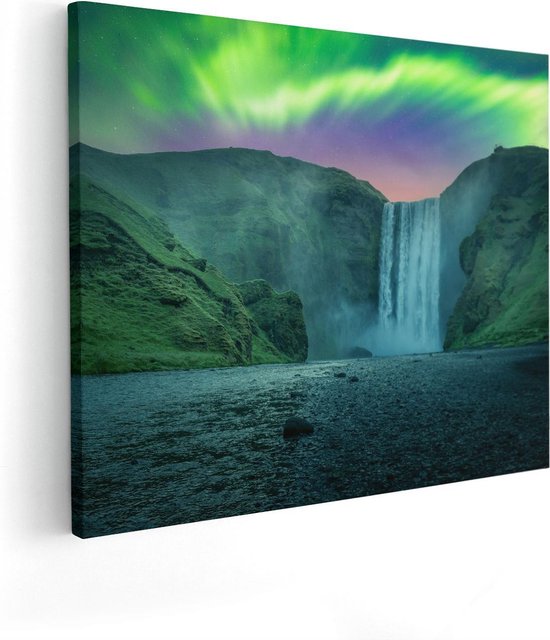 Artaza Canvas Schilderij Waterval Met Het Groene Noorderlicht - 100x80 - Groot - Foto Op Canvas - Canvas Print