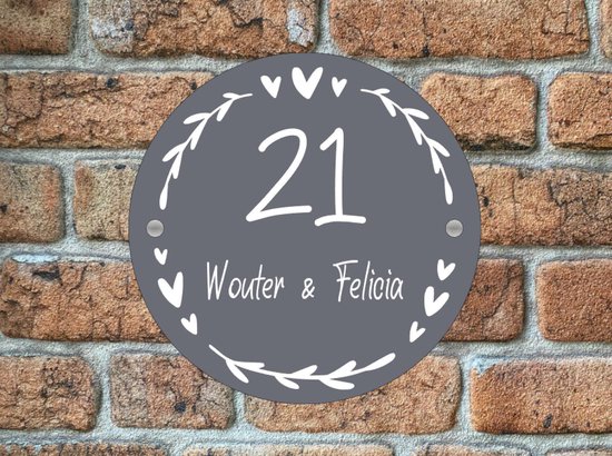 Plaque signalétique porte d'entrée couronne coeurs 2 gris rond