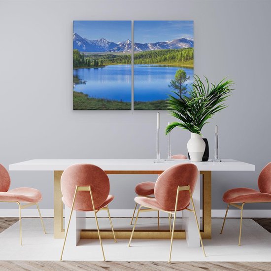 Artaza Peinture sur toile Diptyque Lac près des Montagnes dans la forêt - 80 x 60 - Photo sur toile - Impression sur toile