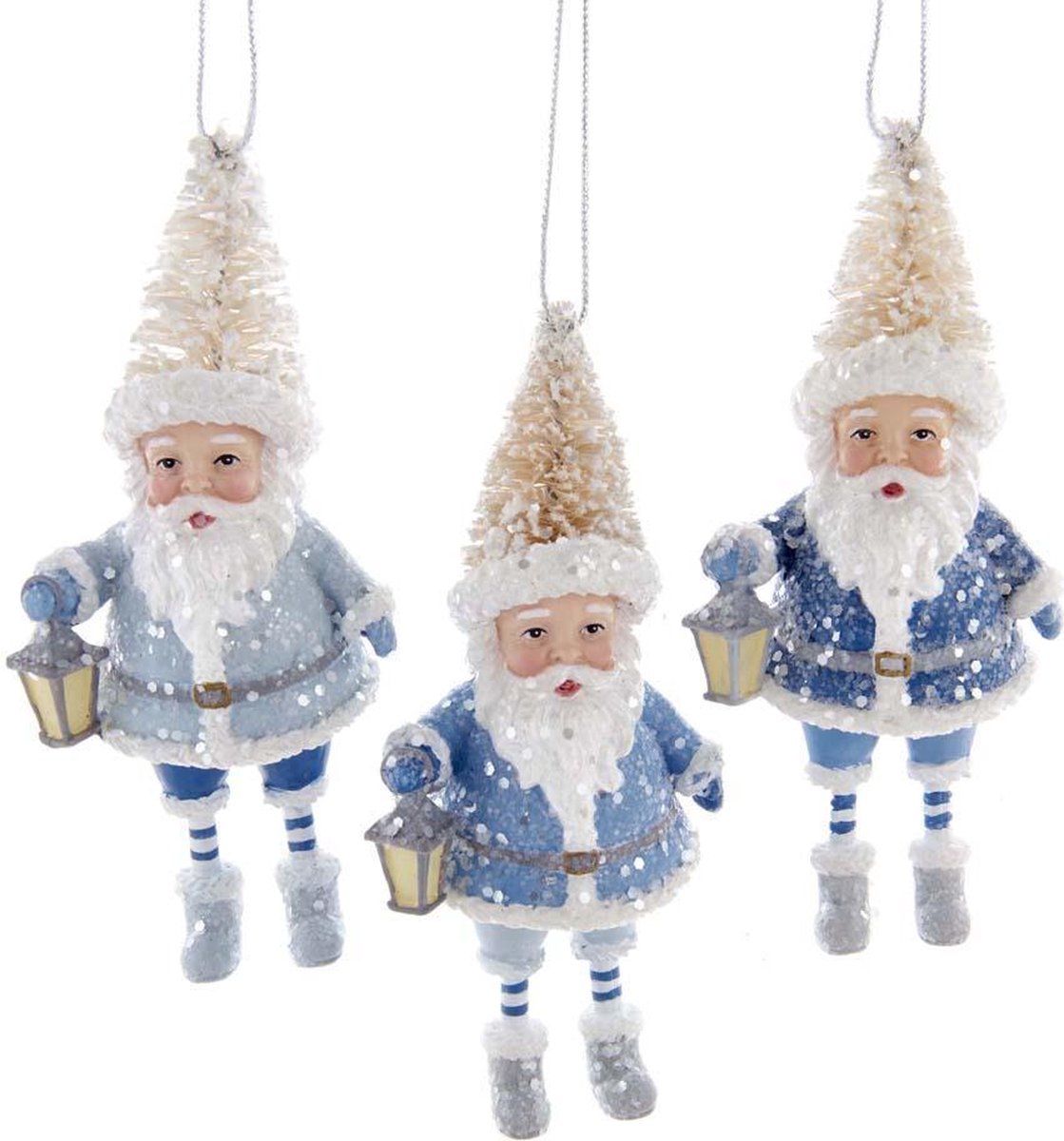 Kurt S. Adler Kerstornament - Kerstmannetjes met kerstboomhoed - set van 3 - blauw wit - 11cm
