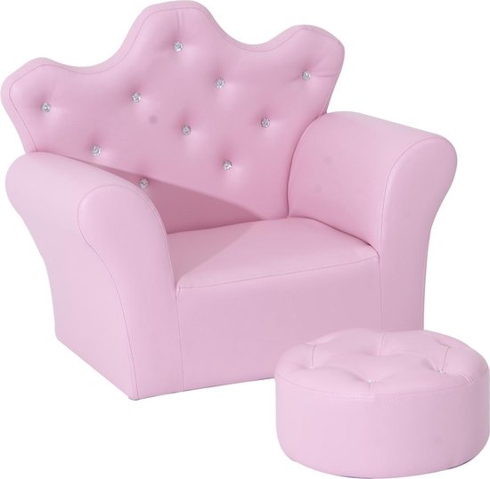 Canapé enfant avec boutons en cristal et pouf rose - Fauteuil Kinder - chaise haute