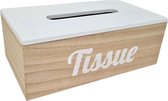 Witte tissuebox van hout in met naturel houten deksel met de tekst " Tissue "