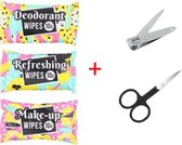 Reis doekjes deodorant, opfris en make-up doekjes - Inclusief nagelschaar en nagelknipper - Multicolor - Kunststof - 3 Delig - Pedicure/Manicure Nagel Knipper + Nagelschaar - Tang