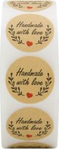 Stickers "Handmade with love" - Bedrijfs stickers - Hobby Stickers - 500 stuks op rol - 25mm - Bruin/Zwart