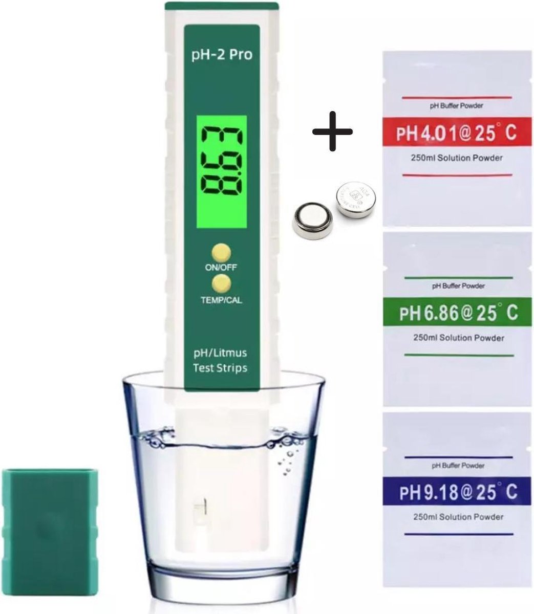 pH pro meter - Litmus test - Digitale pH meter - pH indicator - pH waarde meten - Lakmoesproef - Water kwaliteit testen - Thermometer water -Voor zwembad, aquarium, vijver, drinkwater en meer - Inclusief batterij + 3 kalibratiepoeders - Merkloos