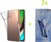 Motorola Moto G9 Plus Hoesje Transparant TPU silicone Soft Case + 3X Tempered Glass Screenprotector