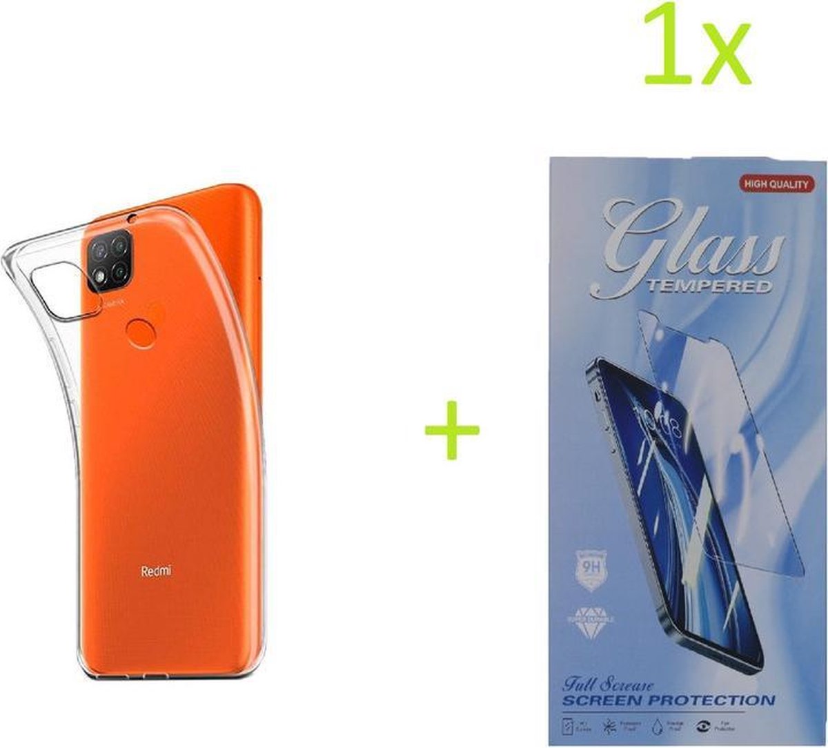 Hoesje Geschikt voor: Xiaomi Redmi 9C Transparant TPU Silicone Soft Case + 1X Tempered Glass Screenprotector