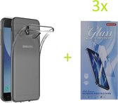 Samsung Galaxy J3 2017 Hoesje Transparant TPU Siliconen Soft Case + 3X Tempered Glass Screenprotector