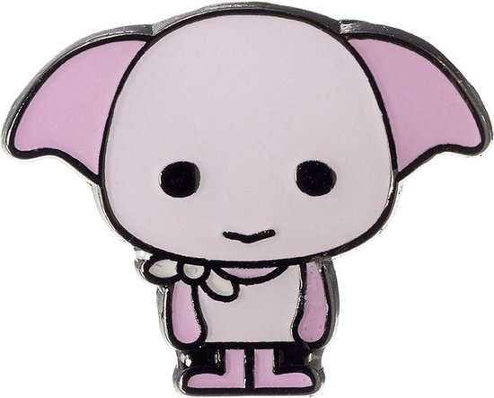 Roze Dobby pin met grote oren, zwarte ogen, een grijze das en een grijs kledingstuk.