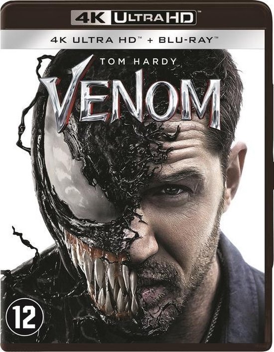 De cover van de Venom 4K Ultra HD Blu-ray met Tom Hardy half gezicht en half Venom.