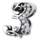 Tracelet - Zilveren bedels - Cijfer Bedel 3 | Bedel nummer 3 met zirkonia | 925 Sterling Zilver - Pandora compatible - 925 Zilver Certificaat - In Leuke Cadeauverpakking - Valentij