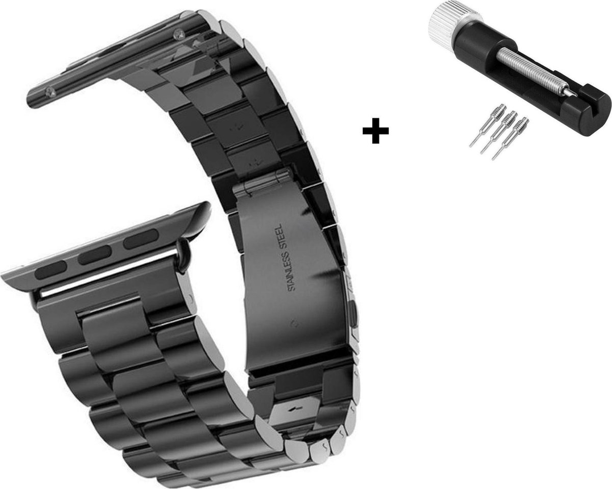Stalen band geschikt voor Apple Watch - Zwart - 42 / 44 met toolkit - Merkloos