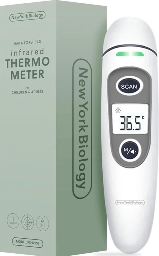 New York Biology - 2in1 Koortsthermometer - Meet op Voorhoofd en in Oor - Baby thermometer - Digitale Voorhoofd Thermometer - Instant meting in 1 seconde - Makkelijk te lezen in het donker - Incl. batterijen