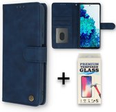 Samsung Galaxy S21 FE Casemania Hoesje Navy Blue & Glazen Screenprotector - Luxe Portemonnee Book Case - Kaarthouder & Magneetlipje