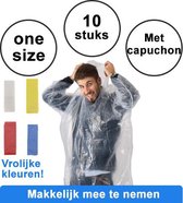 10x stuks vrolijke wegwerp regenponcho voor volwassenen Transparant, Rood, Geel, Blauw