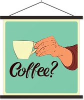 Posterhanger incl. Poster 120x120 cm - Schoolplaat - Retro - Coffee? - Spreuken - Quotes - Textielposter - Zwarte latten