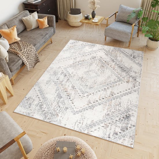 Tapiso Valley Tapis Salon Chambre Grijs Clair Mosaïque Design Abstraite Vintage Atmosphère Atmosphérique Durable Haute Qualité Tapis Taille - 200x300
