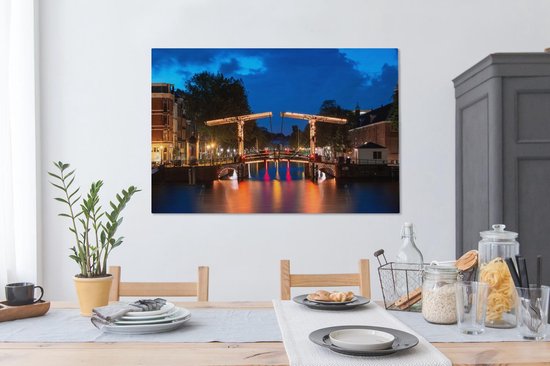 Peintures sur toile Amsterdam - Pont - Nuit - 120x80 cm - Décoration murale