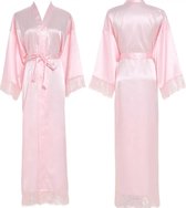Kimono satijn dames badjas - lang model - one size - kleur: groen met prachtig bloemen design, luxe cadeau dames