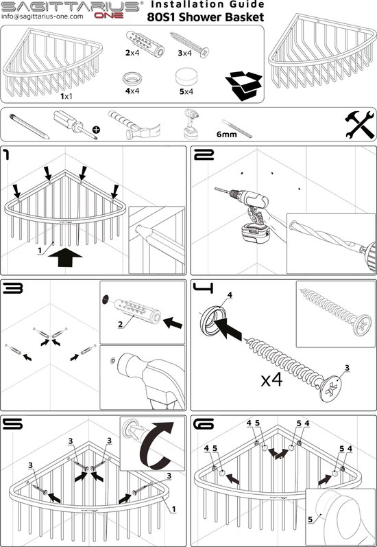 Support de douche Sagittarius One 80S1-B Zwart | Support de douche Zwart | Panier de douche Profondeur 8cm | Support de Douche pour salle de bain | Support de douche Corner