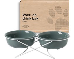 GIZMO Voerbak Kat Dubbel - Donkergroen - 2 Keramische Drink- & Voerbakken met Standaard - Drinkbak - 12.5 cm - 300ML