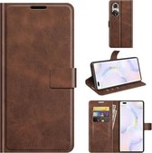 Retro Kalf Patroon Gesp Kaart Portemonnee Links en Rechts Flip Telefoon Holster met Beugel Functie Voor Honor 50 Pro (Donkerbruin)