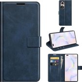 Retro Kalf Patroon Gesp Kaart Portemonnee Links en Rechts Flip Telefoon Holster met Beugel Functie Voor Honor 50 Pro (Blauw)